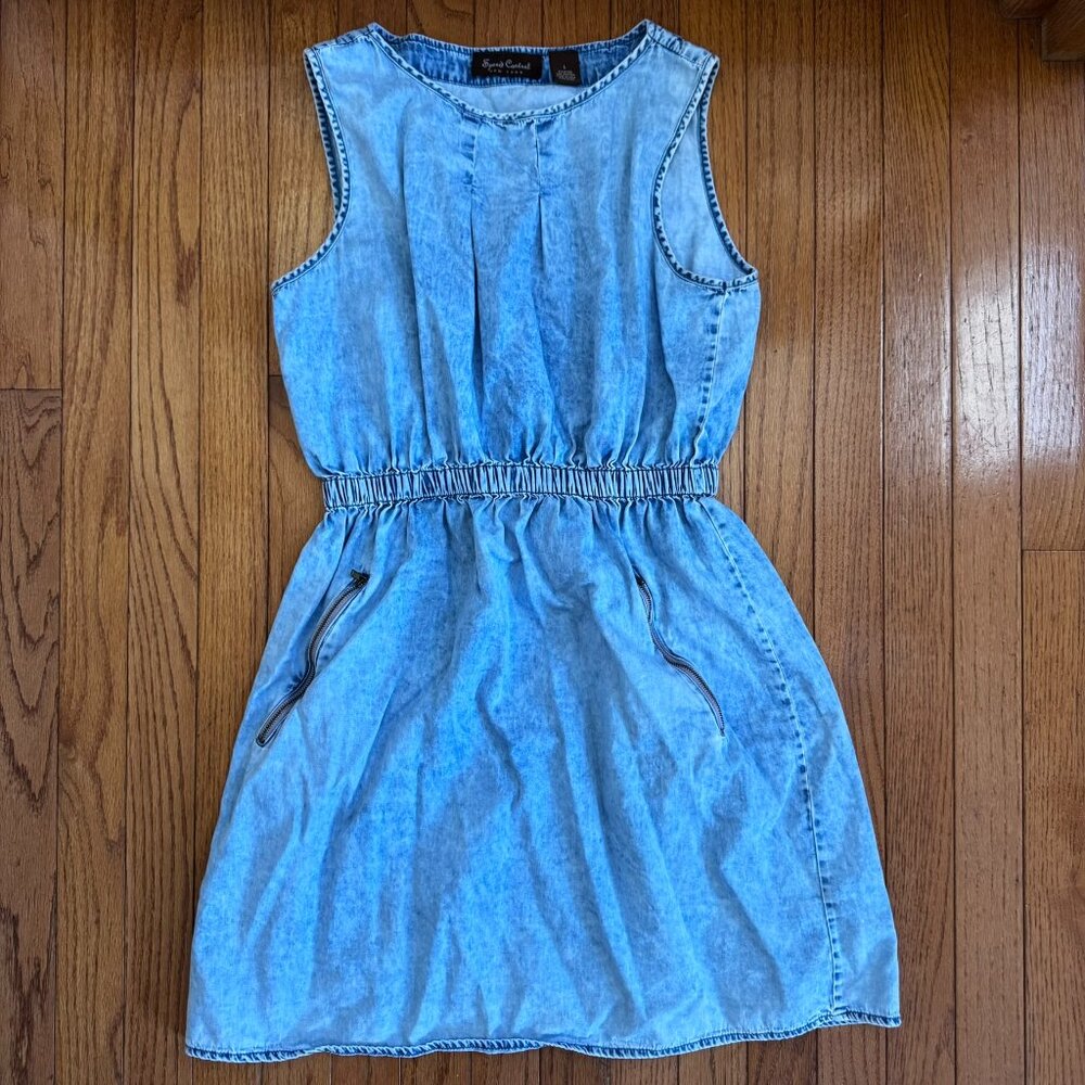 Speed Control NY Faded Denim Dress, Y2K Elastic Waist, Zip Pockets, All Cotton